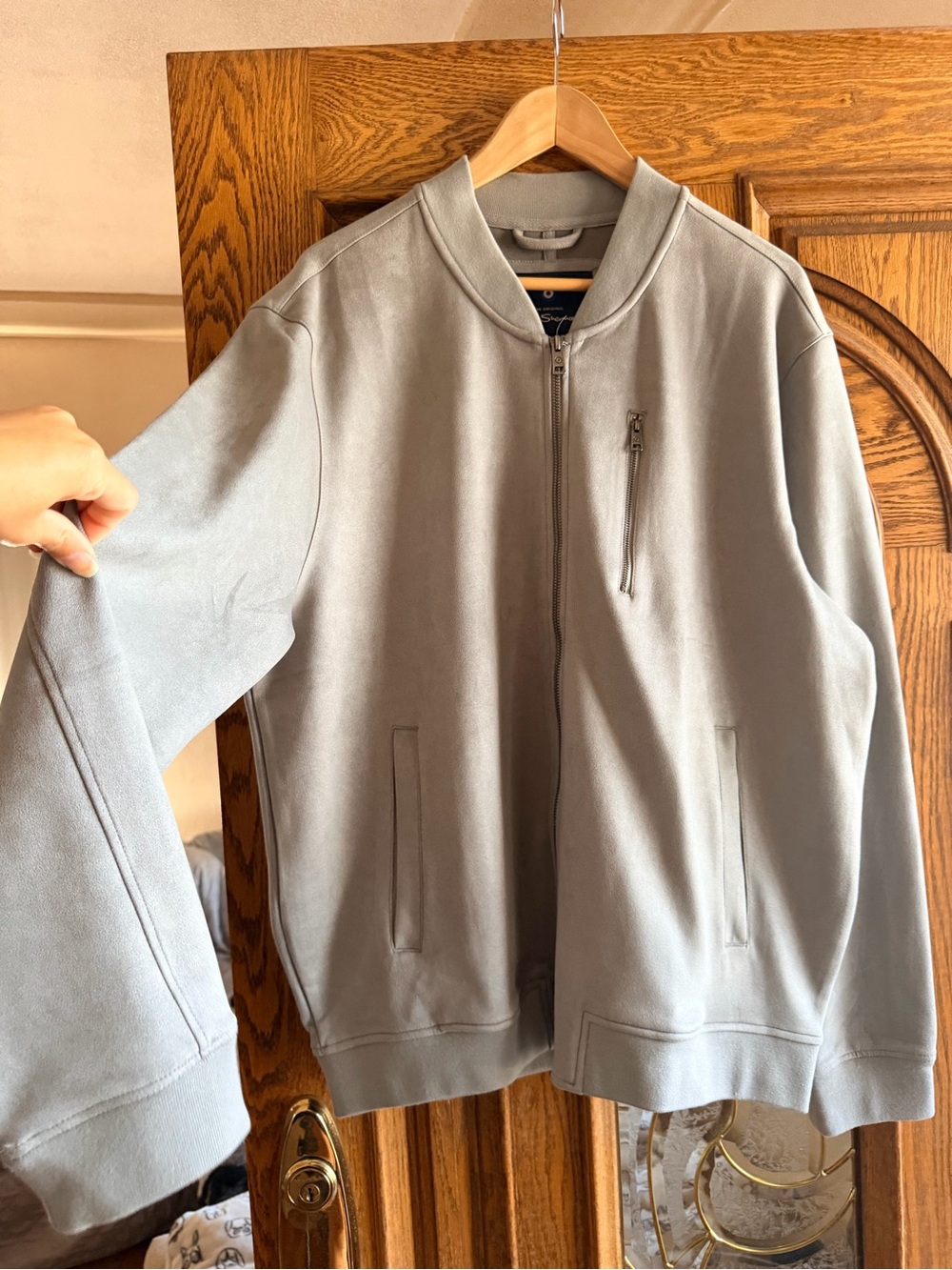 Men's Light Gray suede Bomber Jacket - Casual Zip Front